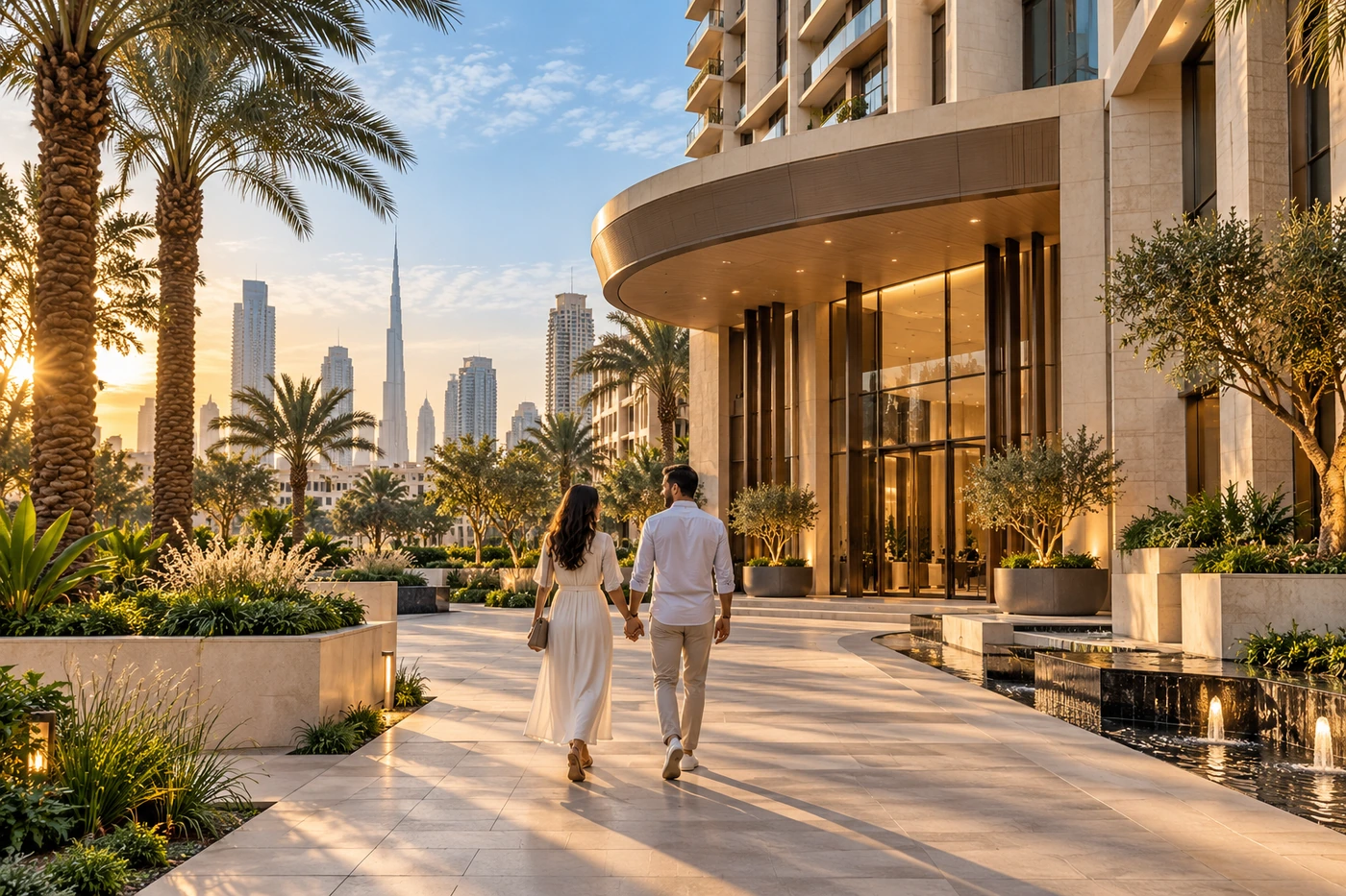 AI-generated illustration of a couple walking towards a contemporary residential entrance through a landscaped Dubai-inspired courtyard