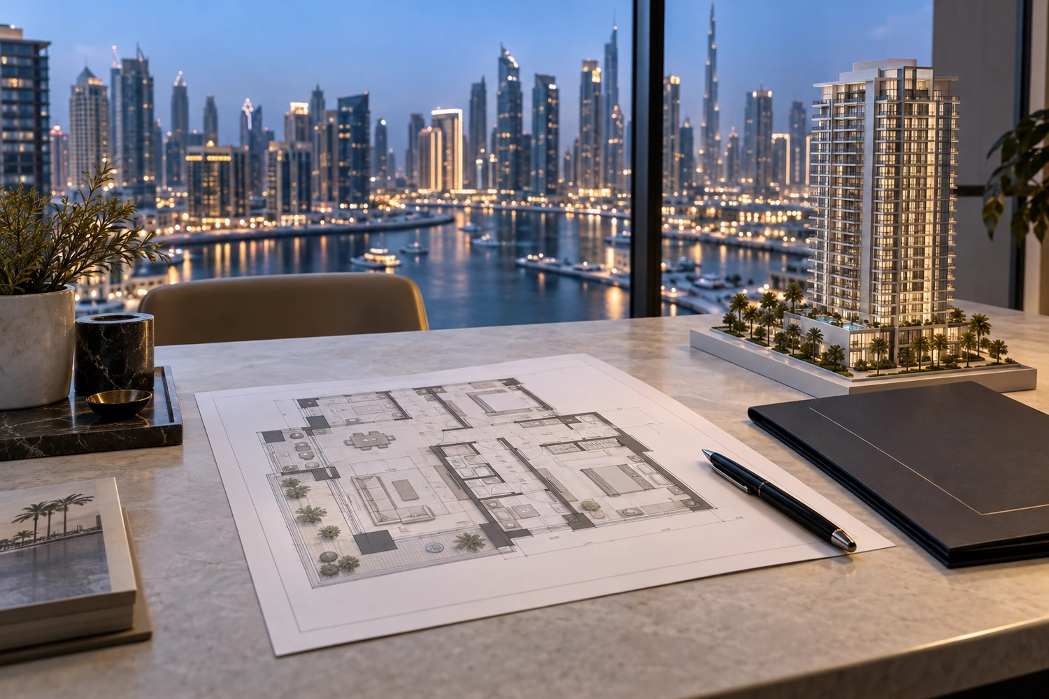 AI-generated illustration of property floor plans and a residential building model on a desk overlooking a Dubai-style waterfront