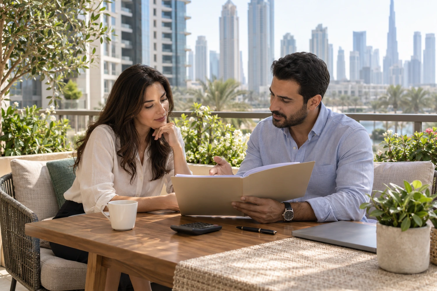 AI-generated illustration of two adults reviewing rental paperwork at an outdoor table with a Dubai-style skyline behind them