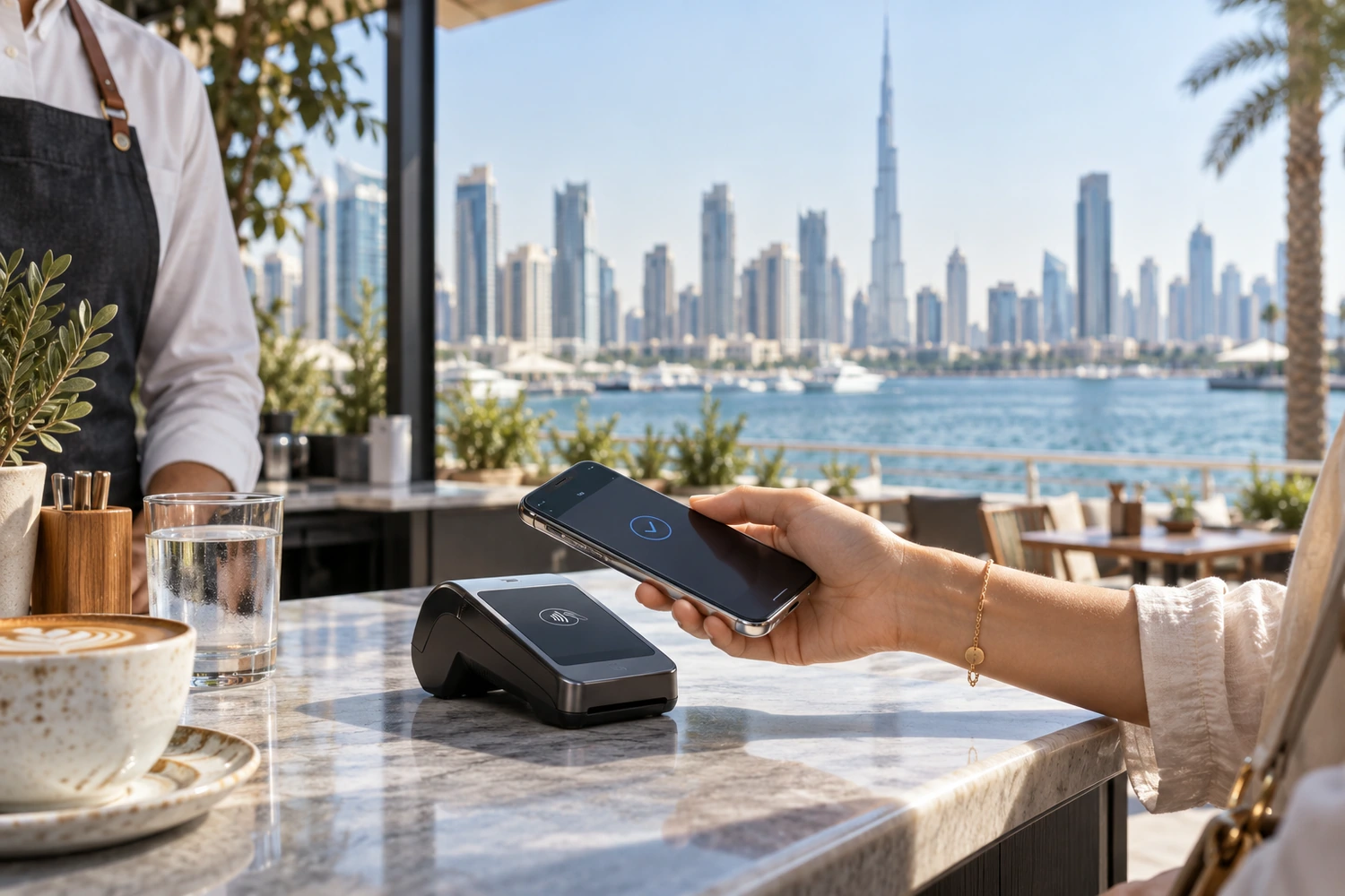 AI-generated illustration of a smartphone making a contactless payment at a waterfront cafe with a Dubai-inspired skyline