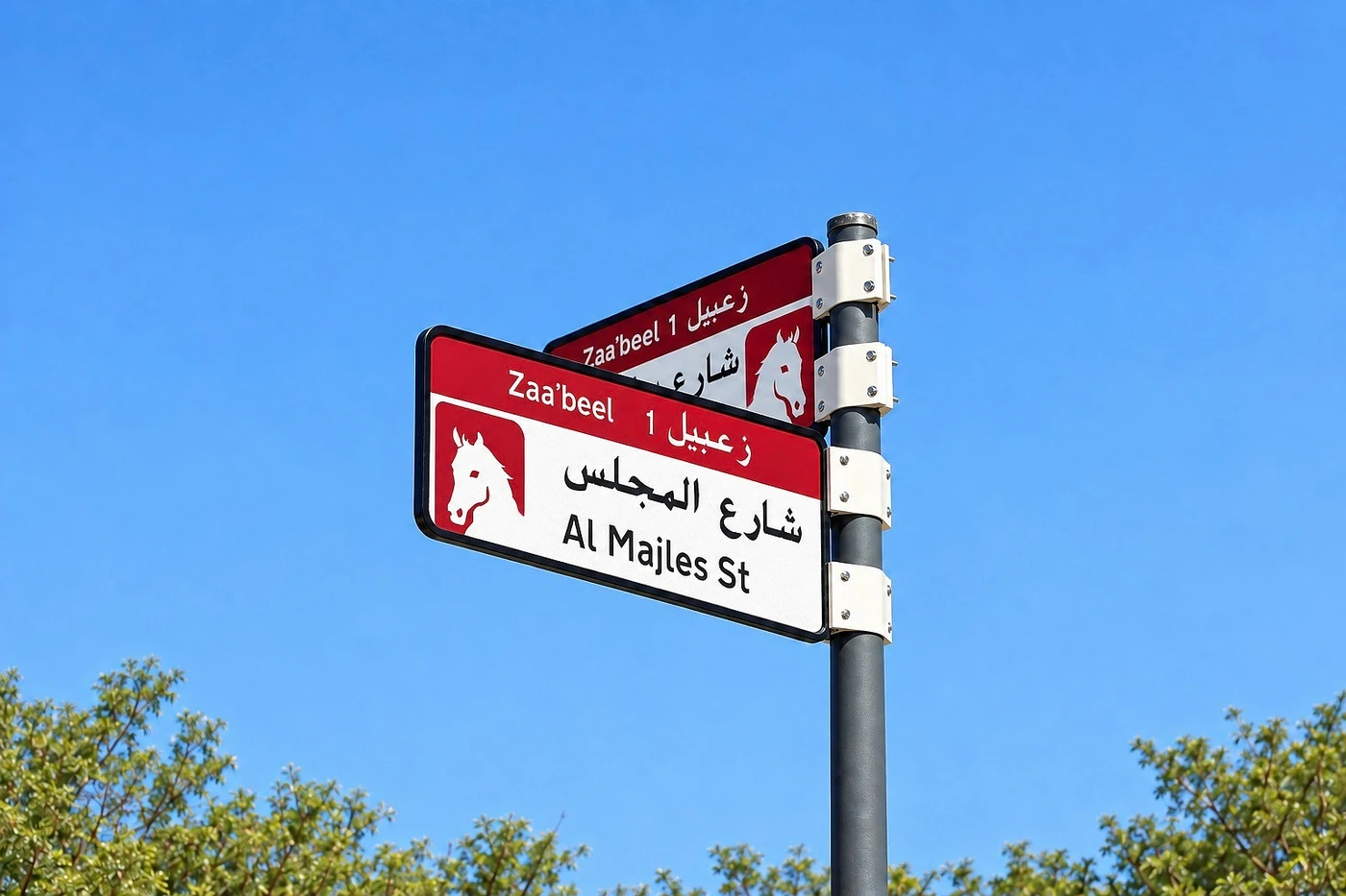 Red Dubai street signs identifying Za’abeel 1 and Al Majles Street against a blue sky