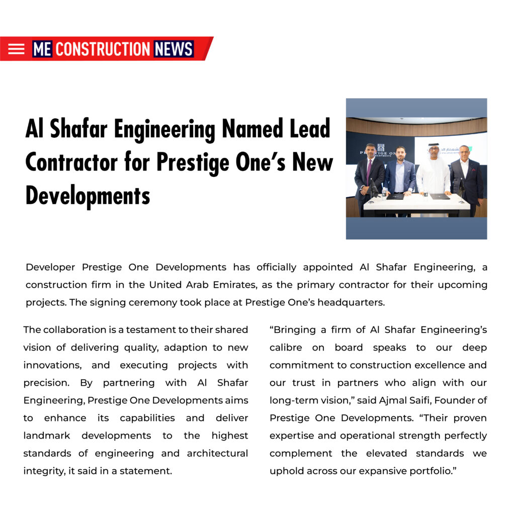 Al shafar engineering named lead contractor for prestige one's new developments