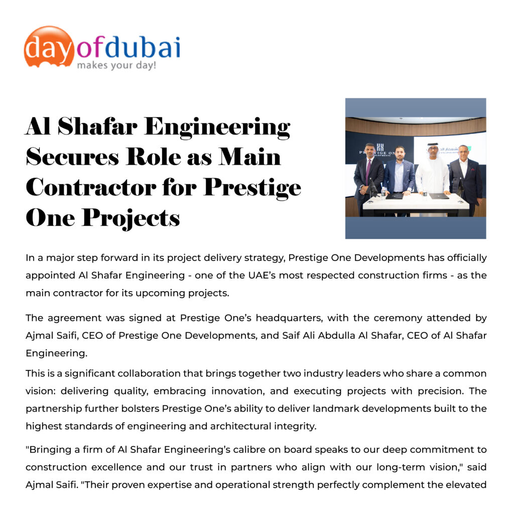 al shafar engineering secures role as main contractor for prestige one projects