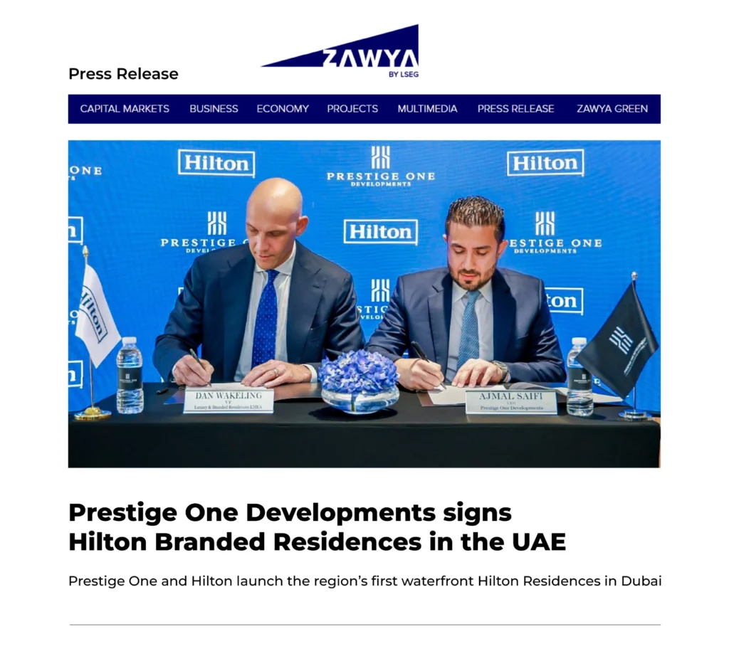 Prestige One, Hilton sign first waterfront Hilton Residences in the UAE