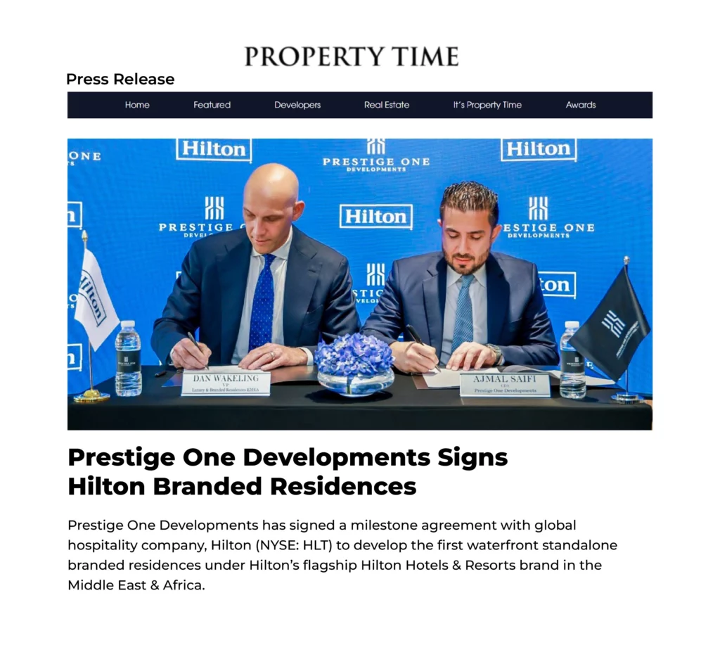 Prestige One Developments Signs Hilton Branded Residences